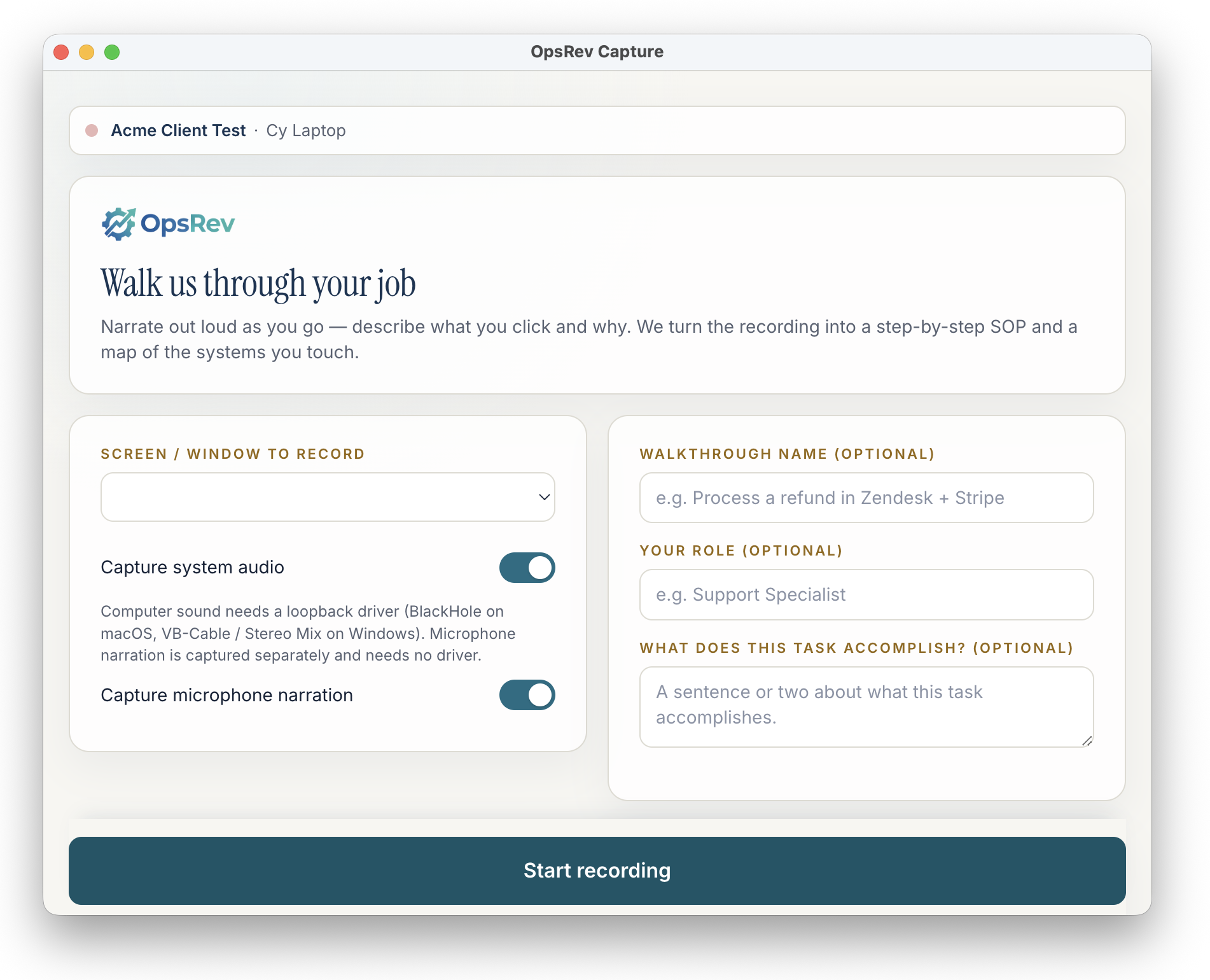 OpsRev Capture desktop app — record and narrate how your team works