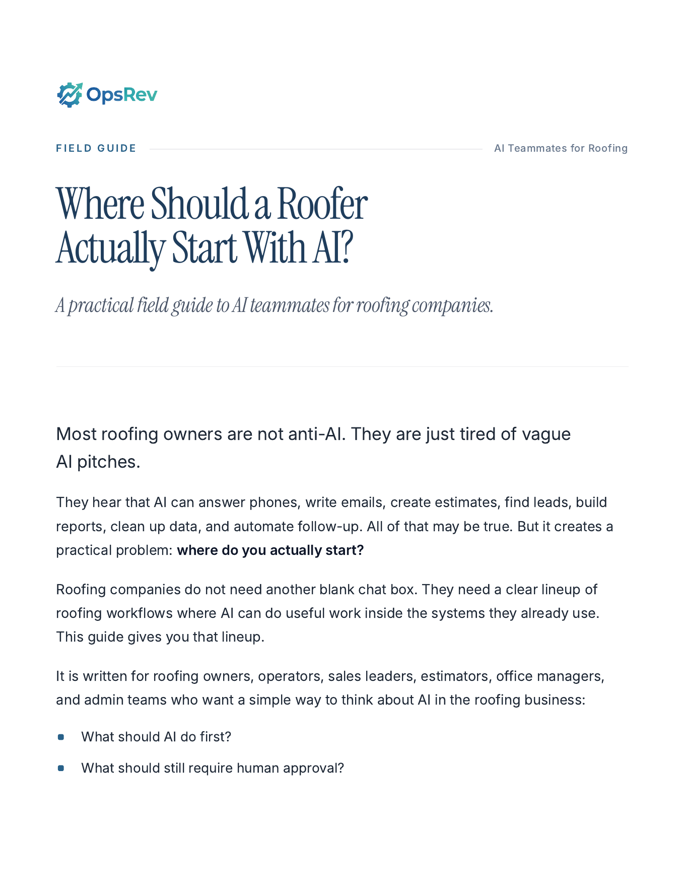 Cover preview of the OpsRev Roofer AI Field Guide